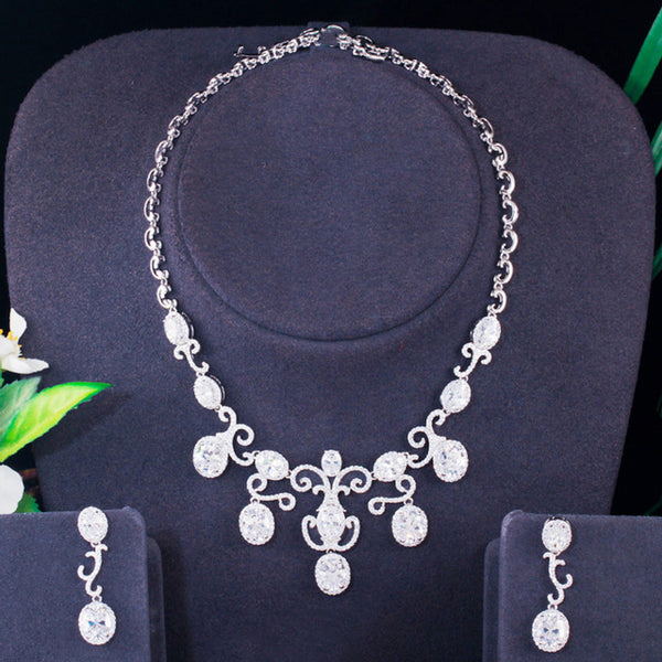 Conjuntos de joyas de lujo para bodas, collares y pendientes con forma de gota redonda en color plateado