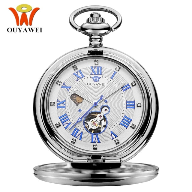 Skeleton dial Silver Hand Wind Mechanical Male Fob Chain Pocket Watch