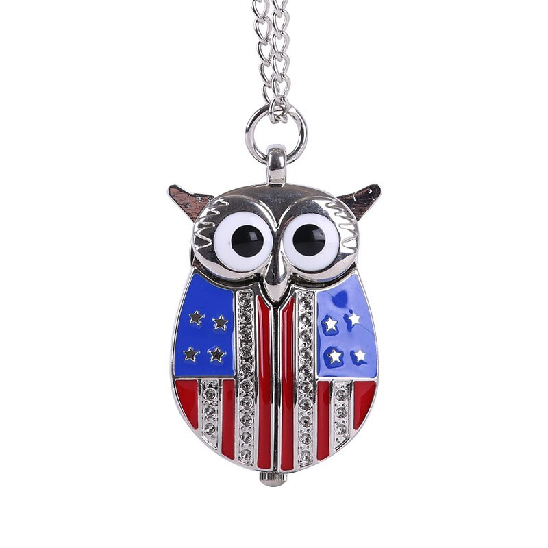 Vintage  Cute Owl Pocket Watch Fob Chain Necklace Pendant Flip Case Watch
