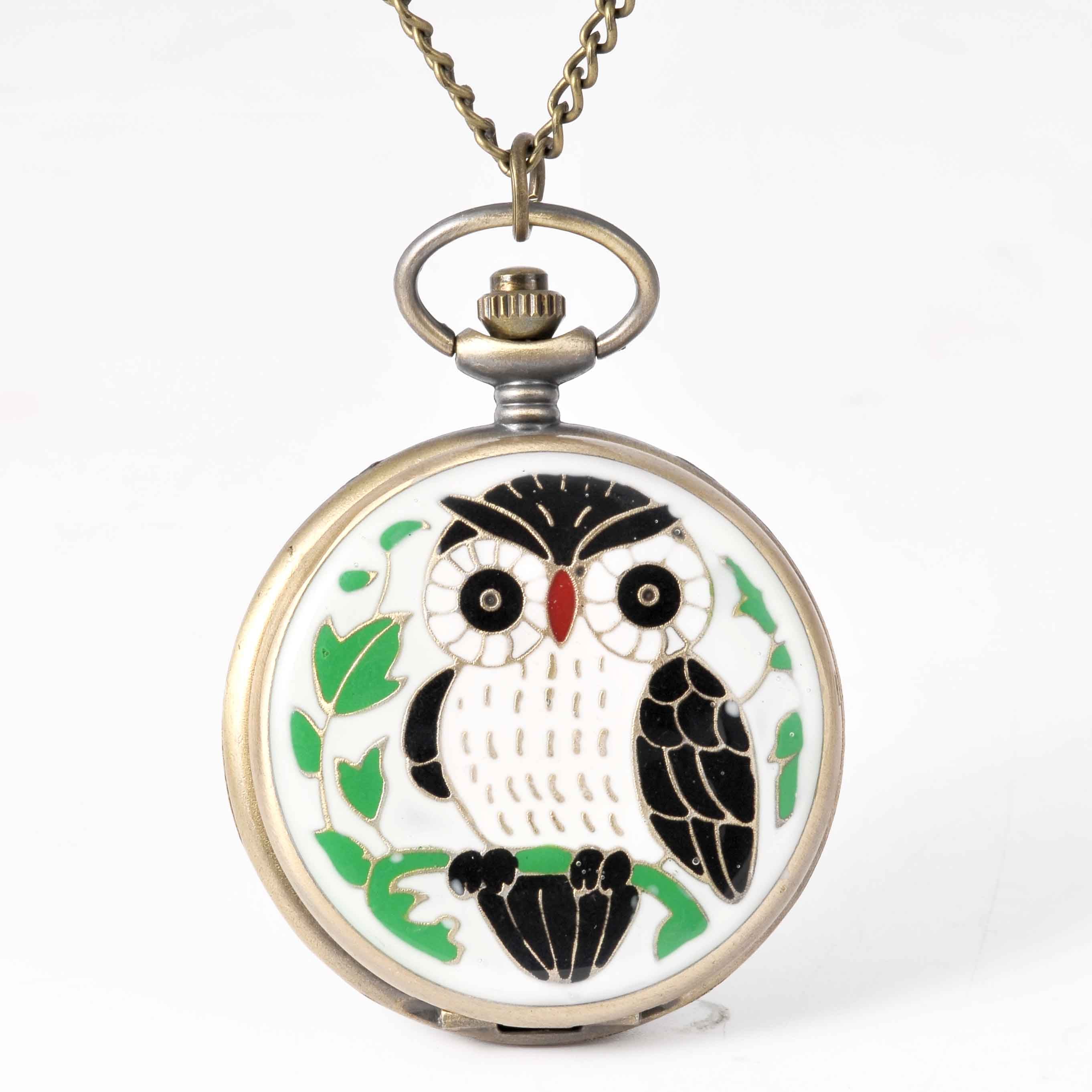 Vintage  Cute Owl Pocket Watch Fob Chain Necklace Pendant Flip Case Watch