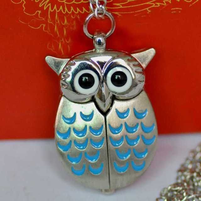 Vintage  Cute Owl Pocket Watch Fob Chain Necklace Pendant Flip Case Watch