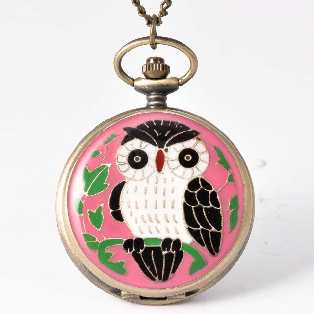 Vintage  Cute Owl Pocket Watch Fob Chain Necklace Pendant Flip Case Watch