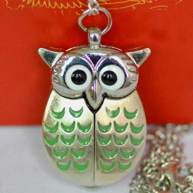 Vintage  Cute Owl Pocket Watch Fob Chain Necklace Pendant Flip Case Watch