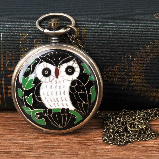 Vintage  Cute Owl Pocket Watch Fob Chain Necklace Pendant Flip Case Watch
