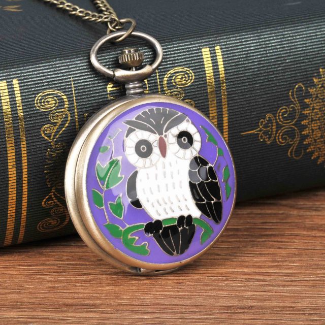 Vintage  Cute Owl Pocket Watch Fob Chain Necklace Pendant Flip Case Watch