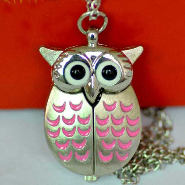 Vintage  Cute Owl Pocket Watch Fob Chain Necklace Pendant Flip Case Watch