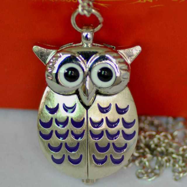 Vintage  Cute Owl Pocket Watch Fob Chain Necklace Pendant Flip Case Watch