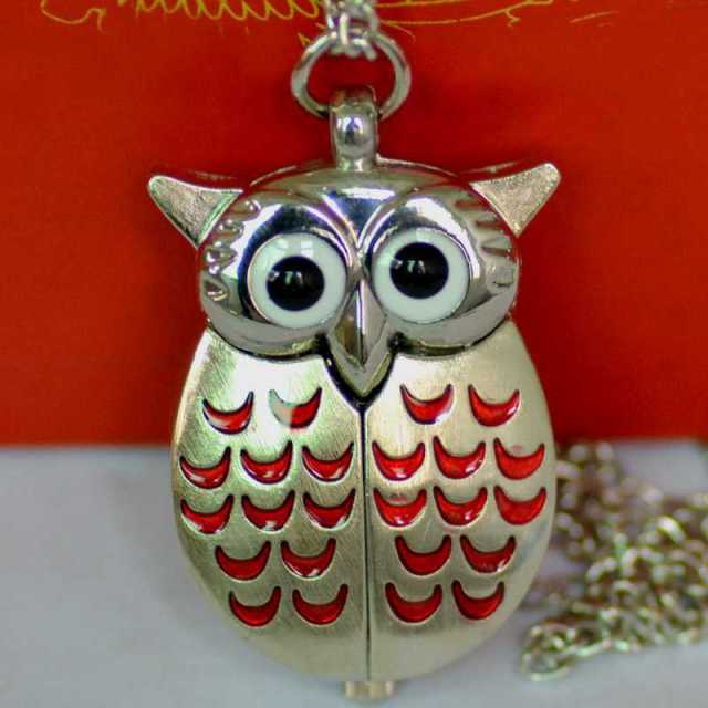 Vintage  Cute Owl Pocket Watch Fob Chain Necklace Pendant Flip Case Watch