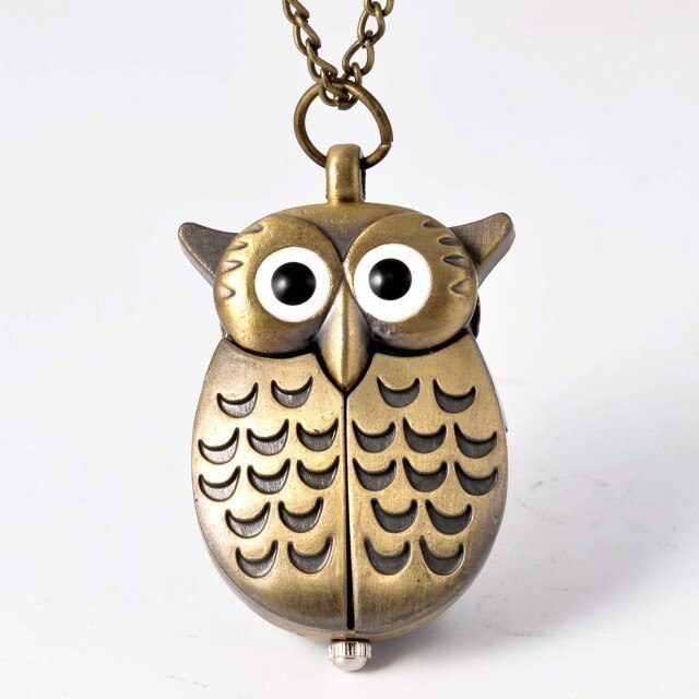 Vintage  Cute Owl Pocket Watch Fob Chain Necklace Pendant Flip Case Watch