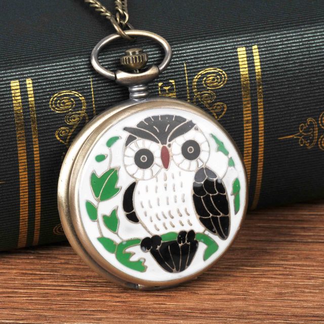Vintage  Cute Owl Pocket Watch Fob Chain Necklace Pendant Flip Case Watch