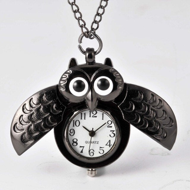 Vintage  Cute Owl Pocket Watch Fob Chain Necklace Pendant Flip Case Watch