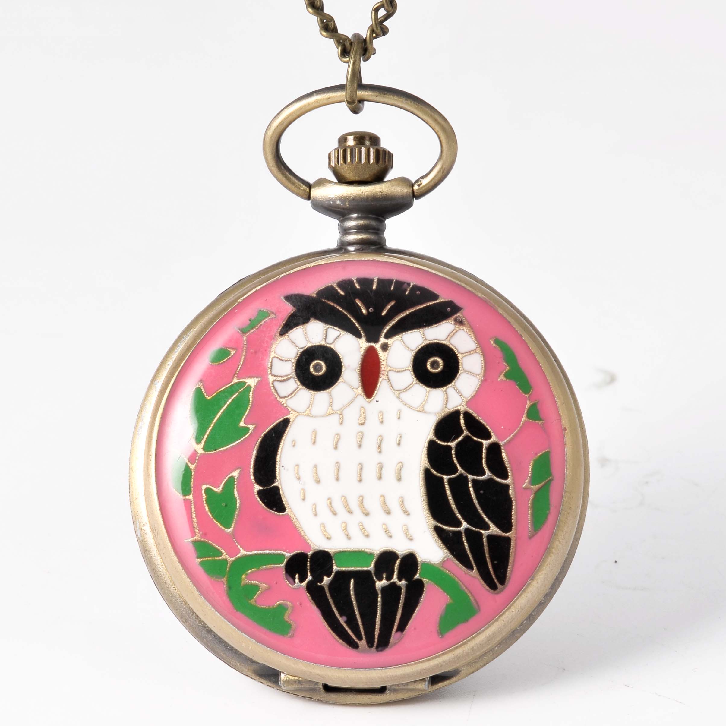 Vintage  Cute Owl Pocket Watch Fob Chain Necklace Pendant Flip Case Watch