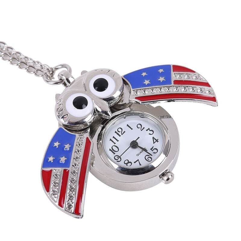 Vintage  Cute Owl Pocket Watch Fob Chain Necklace Pendant Flip Case Watch