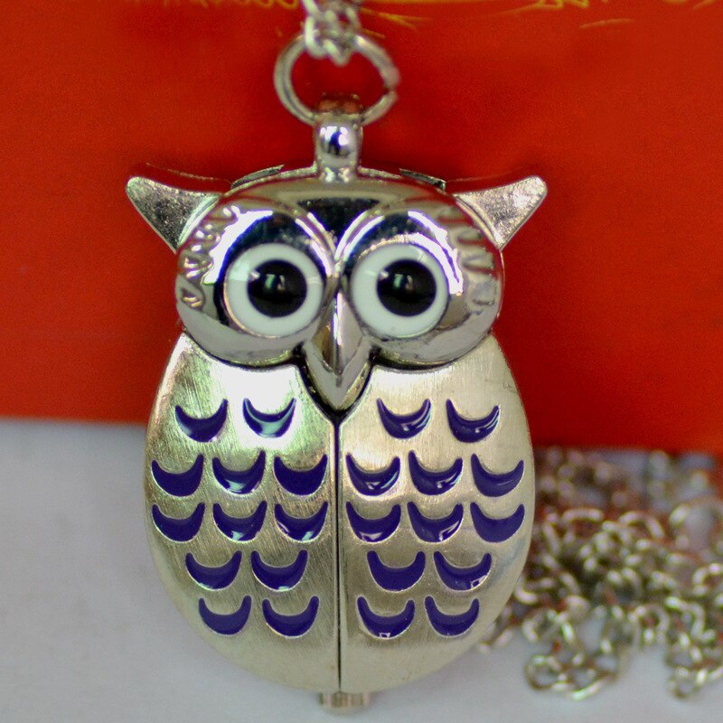 Vintage  Cute Owl Pocket Watch Fob Chain Necklace Pendant Flip Case Watch
