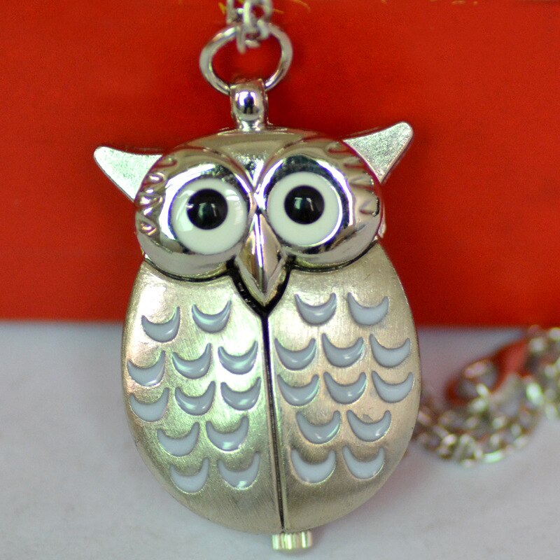 Vintage  Cute Owl Pocket Watch Fob Chain Necklace Pendant Flip Case Watch