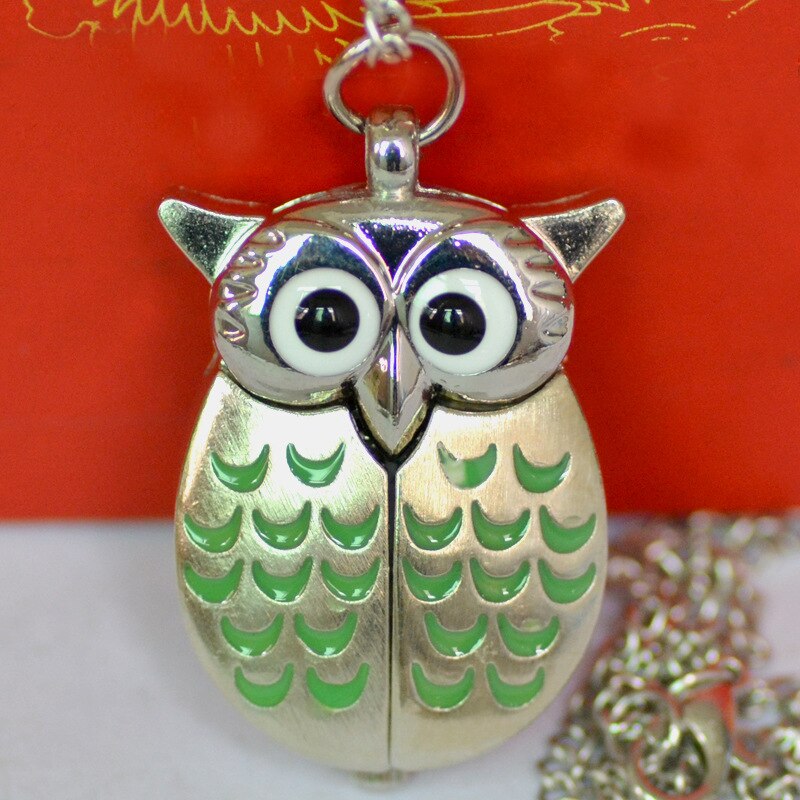 Vintage  Cute Owl Pocket Watch Fob Chain Necklace Pendant Flip Case Watch