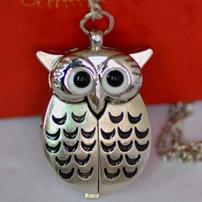 Vintage  Cute Owl Pocket Watch Fob Chain Necklace Pendant Flip Case Watch