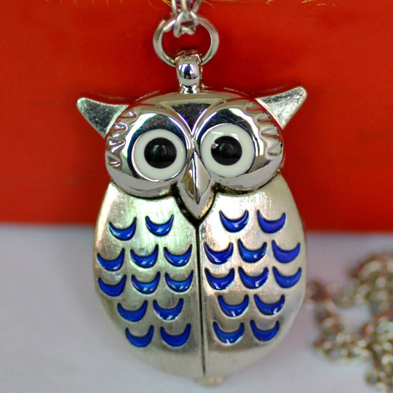 Vintage  Cute Owl Pocket Watch Fob Chain Necklace Pendant Flip Case Watch