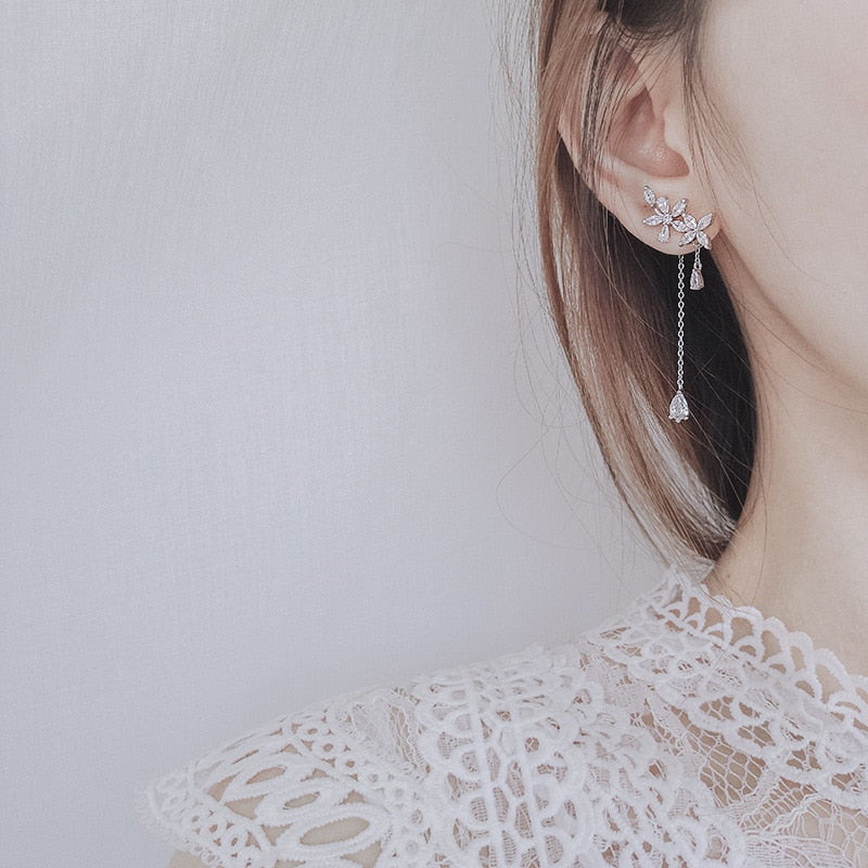 Women Korean TV Star Cute Zircon Flower Drop Earrings