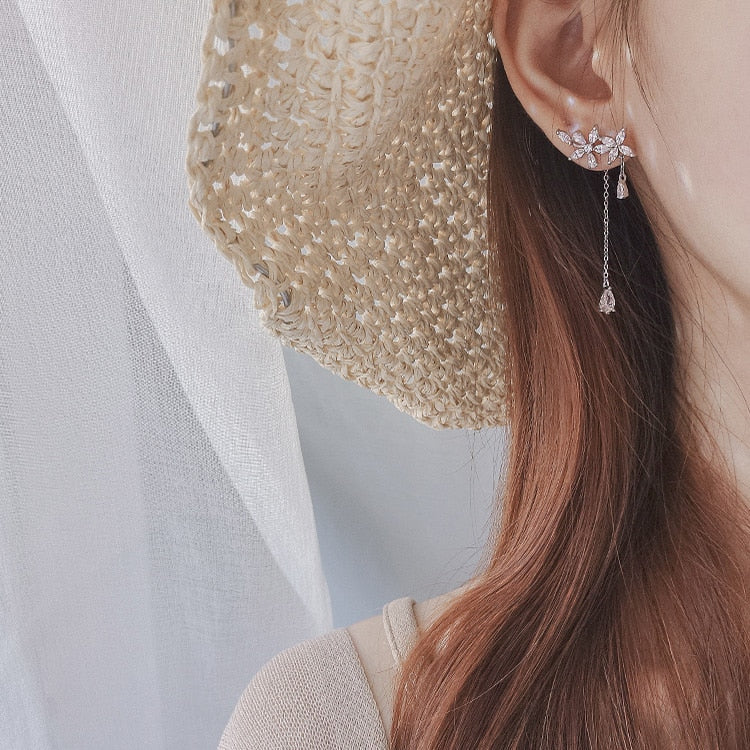 Women Korean TV Star Cute Zircon Flower Drop Earrings
