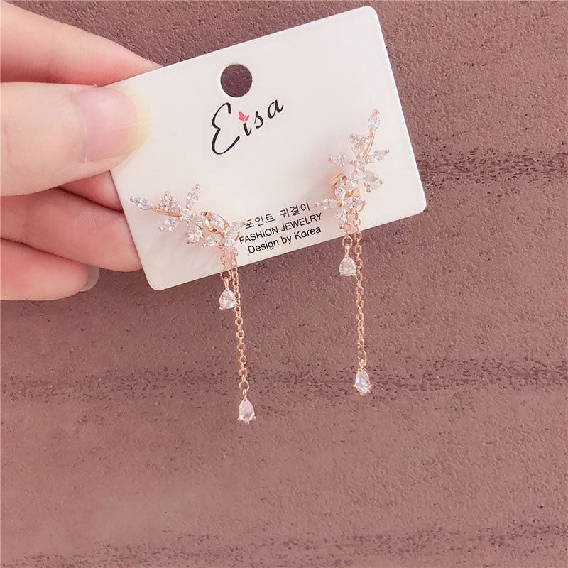 Women Korean TV Star Cute Zircon Flower Drop Earrings