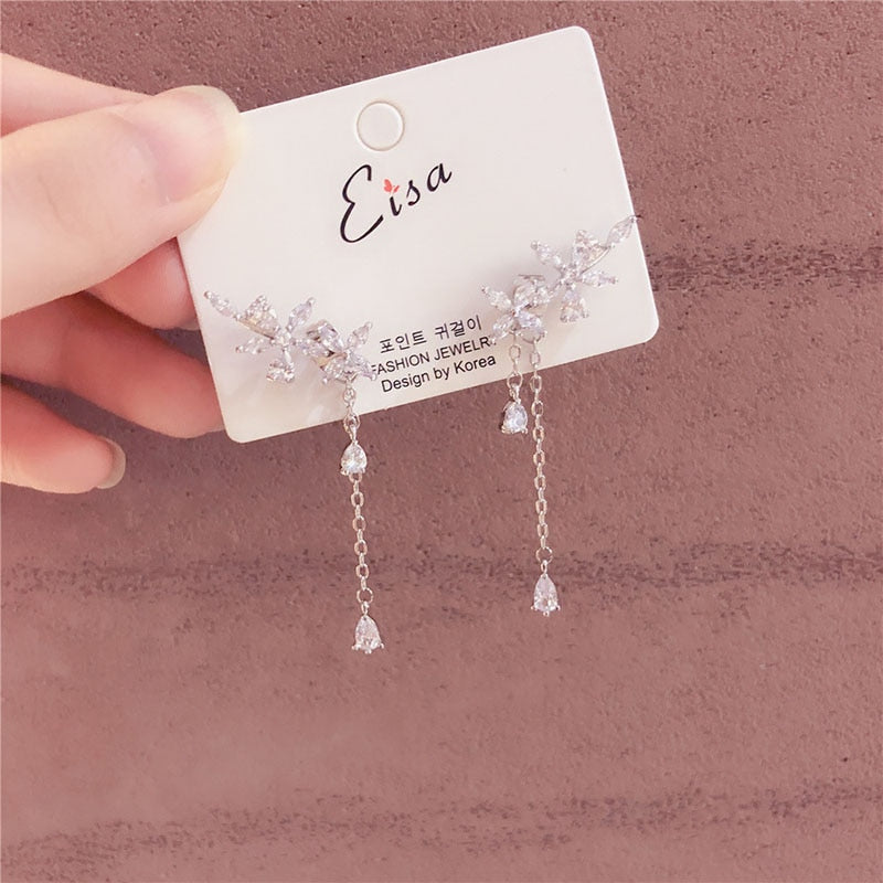 Women Korean TV Star Cute Zircon Flower Drop Earrings