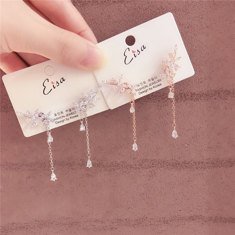 Women Korean TV Star Cute Zircon Flower Drop Earrings