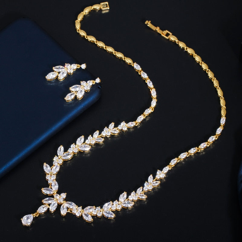 Zirconia Leaf Drop Women Party Wedding Necklace Bridal Jewelry Set
