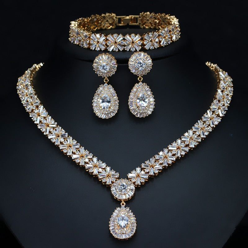 Luxury Cubic Zirconia Necklace Earring Bracelet Party Jewelry Set