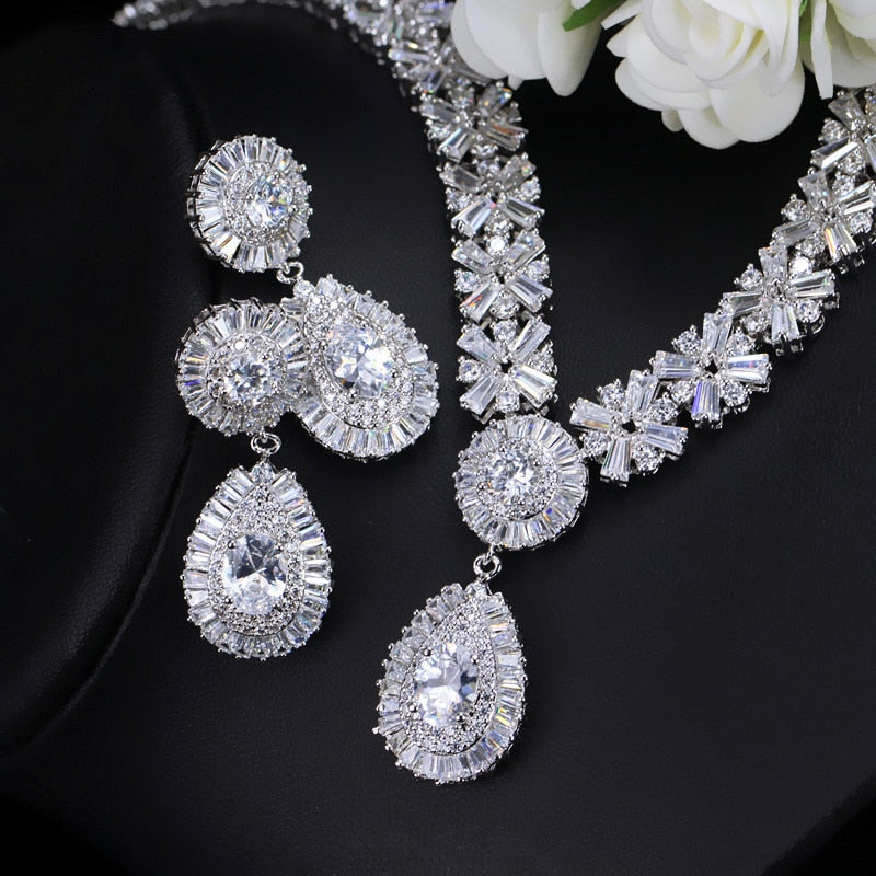 Luxury Cubic Zirconia Necklace Earring Bracelet Party Jewelry Set