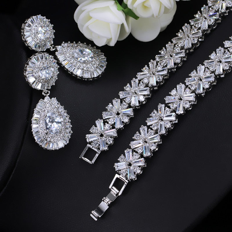 Luxury Cubic Zirconia Necklace Earring Bracelet Party Jewelry Set