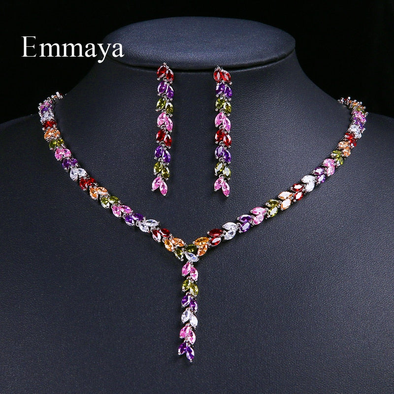 Luxury Colorful  Cubic Zircon Drop Earring Necklace  Party Jewelry Set
