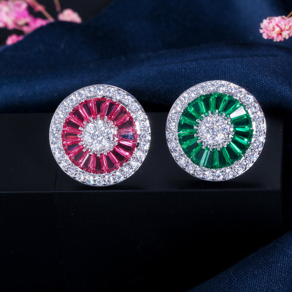 Cubic Zirconia Pave Setting Silver Color Women Party Big Round Green Crystal Stud Earrings