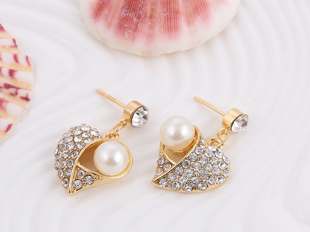 Romantic Pearl Heart Pattern Rhinestone Earrings Necklace Set
