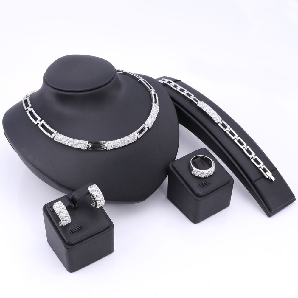 Cz Crystal Enamel Necklace Earring Ring Bracelet Jewelry Set