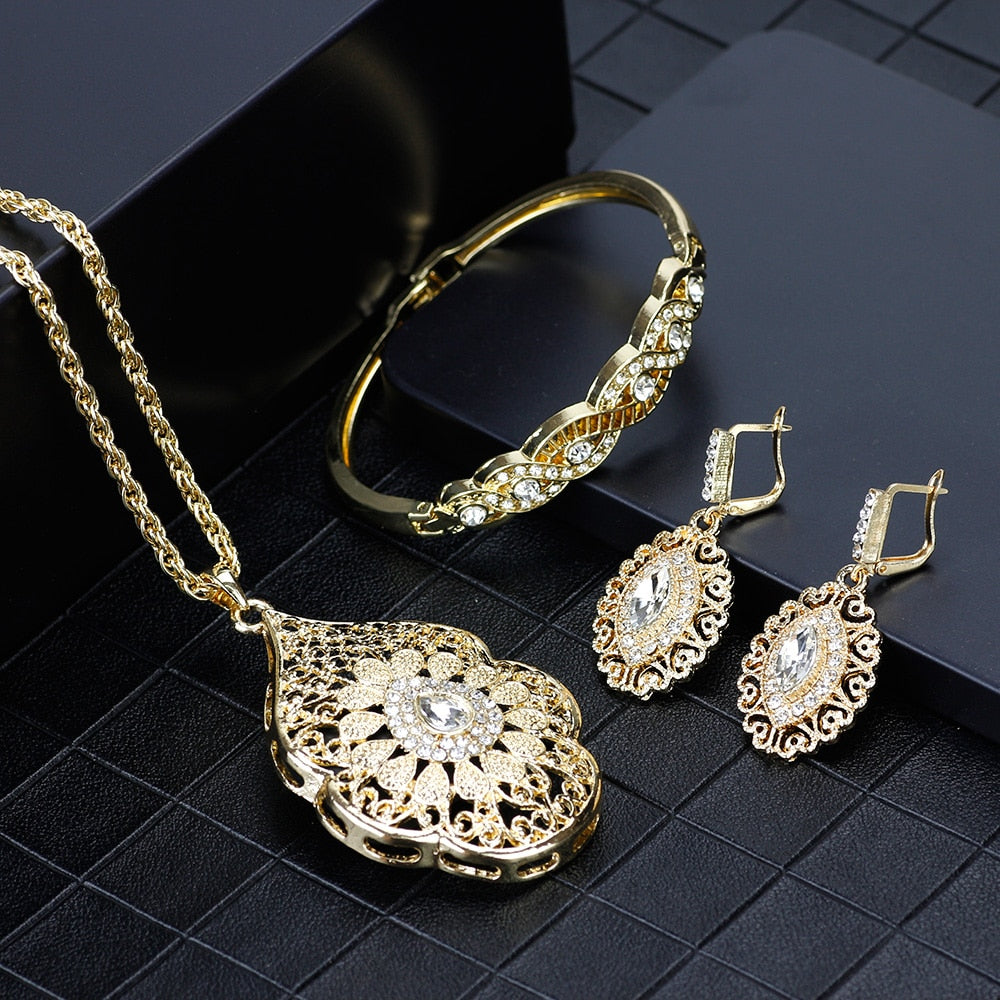 Gold Color Arabic Necklace Earring Cuff Bracelet Jewelry Sets