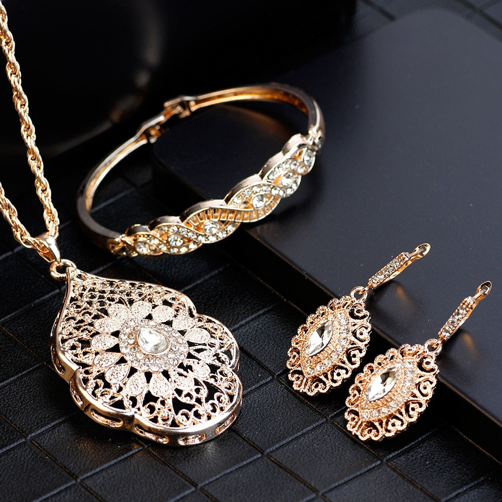 Gold Color Arabic Necklace Earring Cuff Bracelet Jewelry Sets