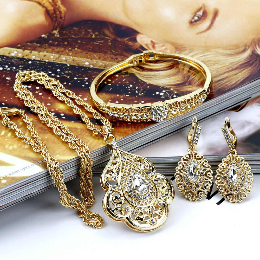 Gold Color Arabic Necklace Earring Cuff Bracelet Jewelry Sets
