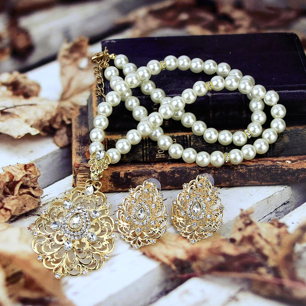Gold Color Arabic Necklace Earring Cuff Bracelet Jewelry Sets