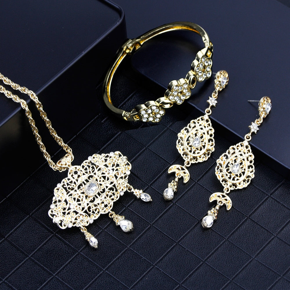 Gold Color Arabic Necklace Earring Cuff Bracelet Jewelry Sets