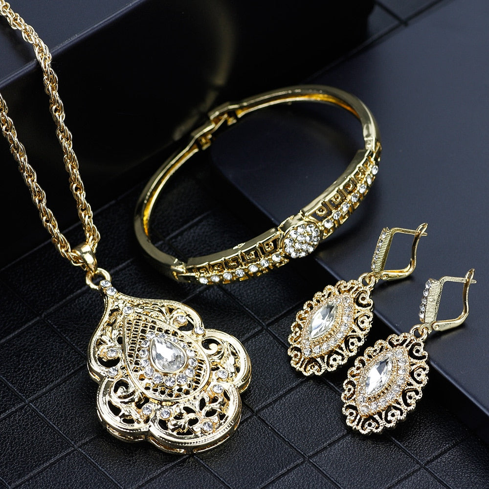 Gold Color Arabic Necklace Earring Cuff Bracelet Jewelry Sets