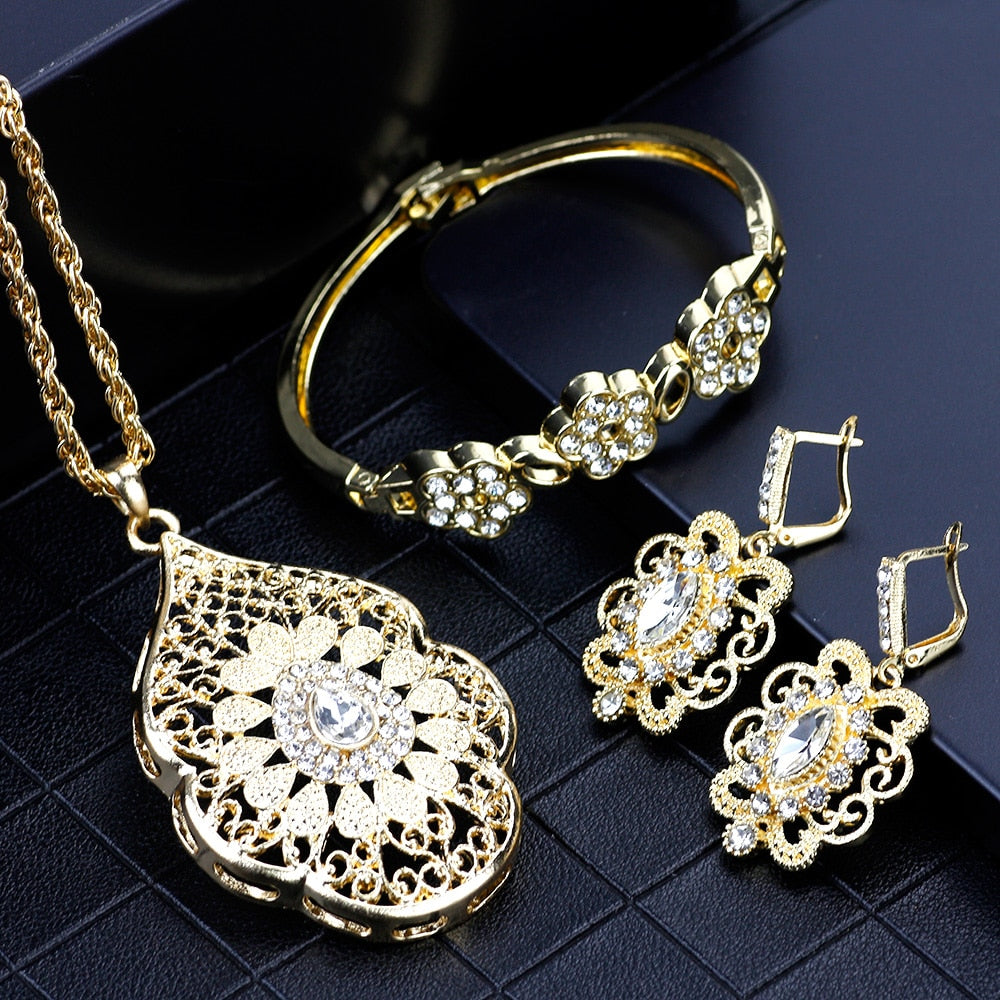 Gold Color Arabic Necklace Earring Cuff Bracelet Jewelry Sets