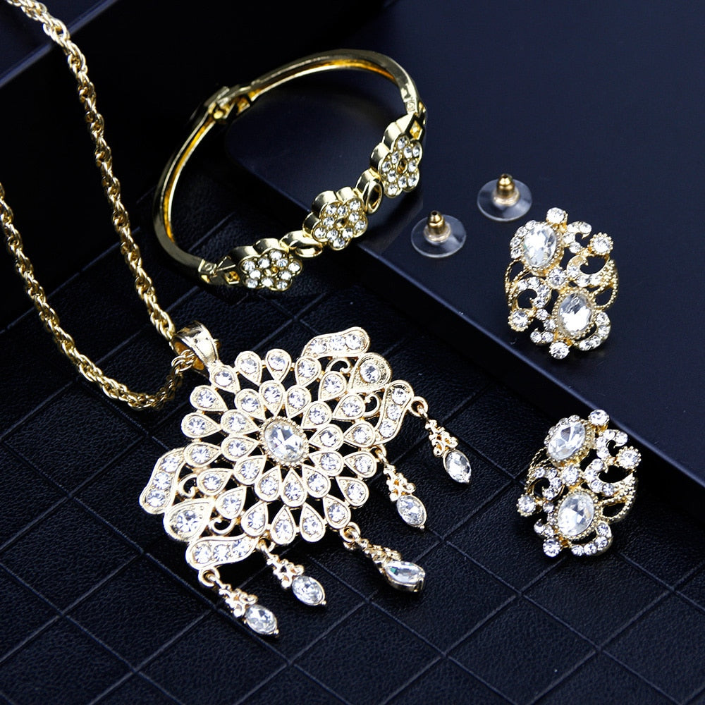 Gold Color Arabic Necklace Earring Cuff Bracelet Jewelry Sets