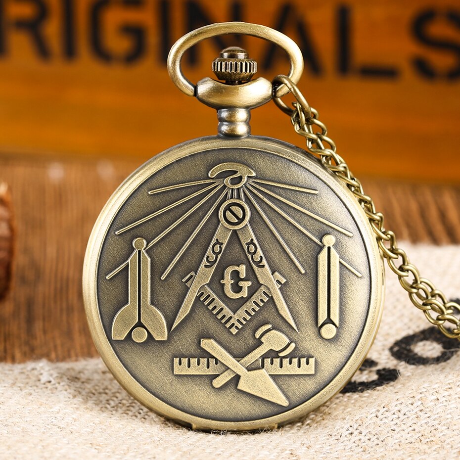 Bronze Masonic Compass Mason Retro Necklace Pendant Quartz Pocket Watch