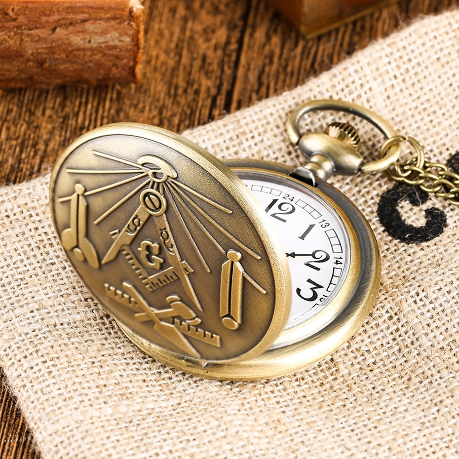 Bronze Masonic Compass Mason Retro Necklace Pendant Quartz Pocket Watch