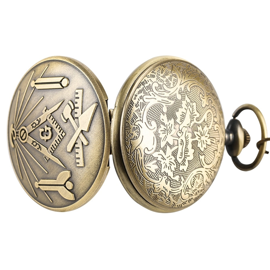 Bronze Masonic Compass Mason Retro Necklace Pendant Quartz Pocket Watch