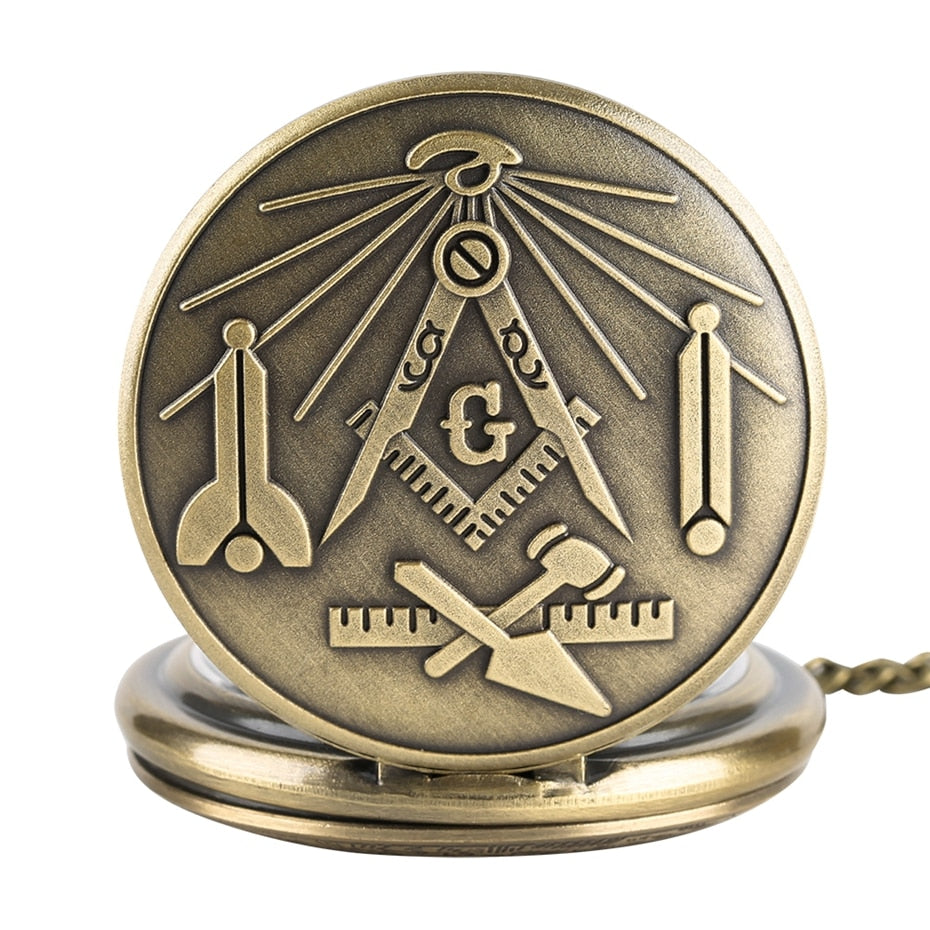 Bronze Masonic Compass Mason Retro Necklace Pendant Quartz Pocket Watch
