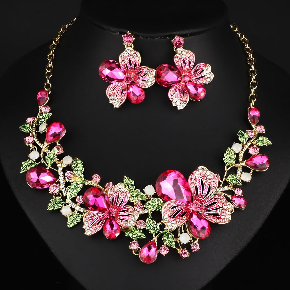 Fashion Wedding Jewelry Color Crystal Rhinestones Necklace Earrings set