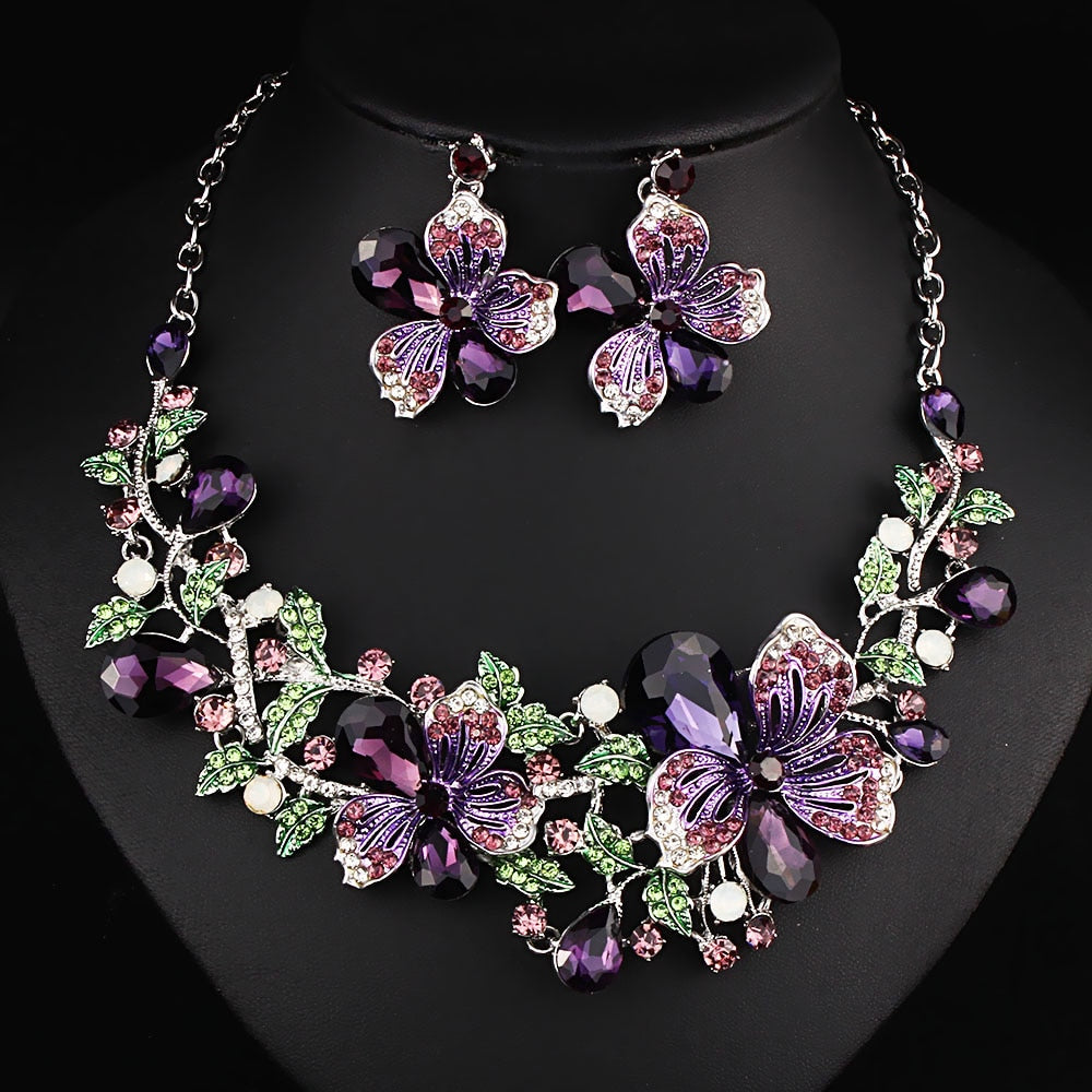 Fashion Wedding Jewelry Color Crystal Rhinestones Necklace Earrings set
