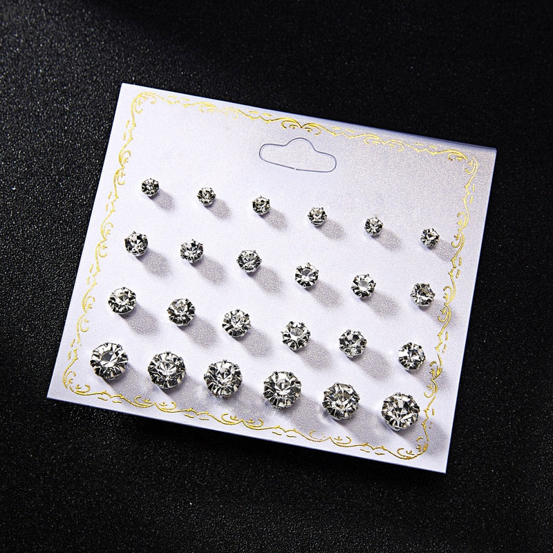 12 pairs/set Crystal Simulated Pearl Earrings Set